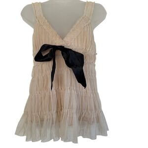 XXI Tulle Tiered Ruffle Dress Black Bow Babydoll Y2K Sheer Coquette Size Small